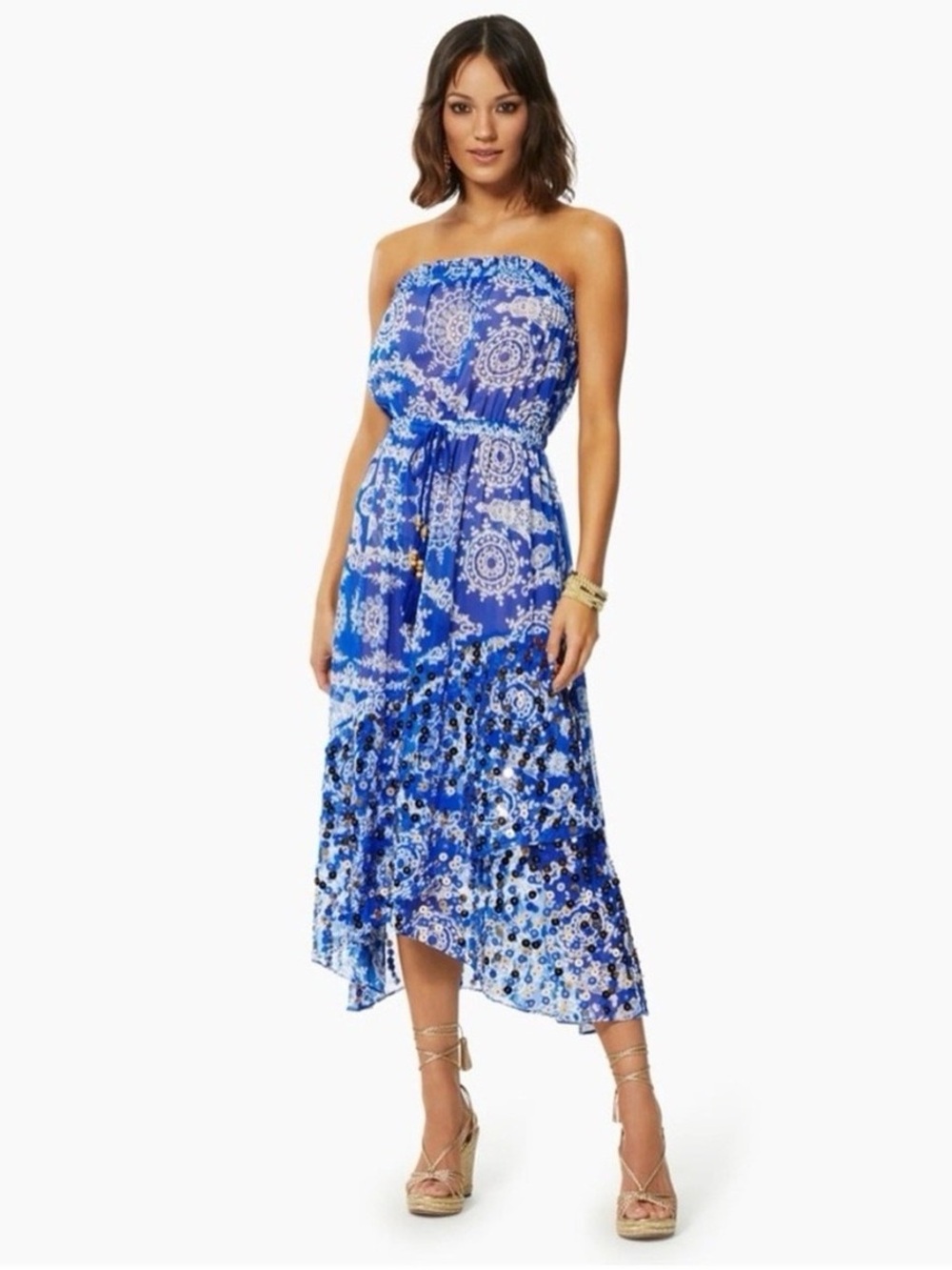 Ramy Brook Blue and White Strapless Printed Midi Coverup